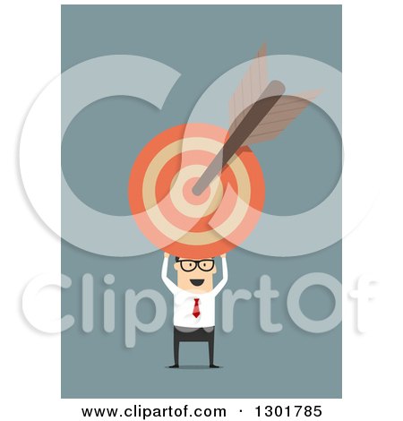 Clipart of a Flat Modern White Businessman Holding a Target with an Arrow, over Blue - Royalty Free Vector Illustration by Vector Tradition SM