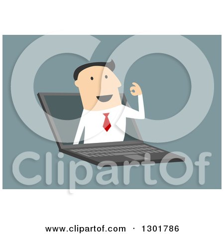 Clipart of a Flat Modern White Businessman Talking Through a Laptop, over Blue - Royalty Free Vector Illustration by Vector Tradition SM