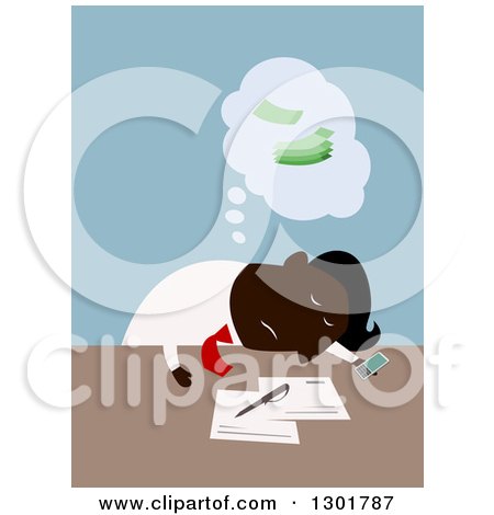 Clipart of a Flat Modern Black Businessman Exhausted and Going over Finances at a Desk, over Blue - Royalty Free Vector Illustration by Vector Tradition SM