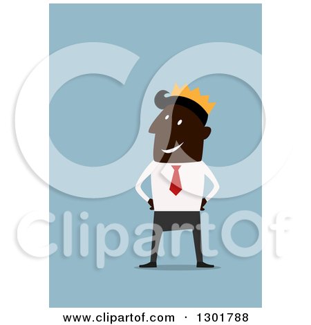 Clipart of a Flat Modern Black Businessman King, over Blue - Royalty Free Vector Illustration by Vector Tradition SM
