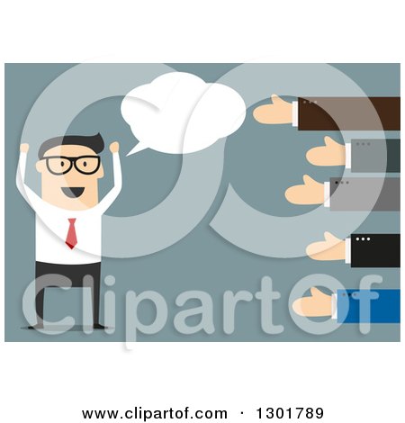 Clipart of a Flat Modern White Businessman Being Praised, over Blue - Royalty Free Vector Illustration by Vector Tradition SM
