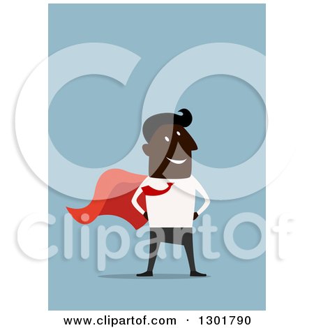 Clipart of a Flat Modern Black Super Hero Businessman over Blue - Royalty Free Vector Illustration by Vector Tradition SM