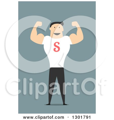 Clipart of a Flat Modern White Businessman Flexing, over Blue - Royalty Free Vector Illustration by Vector Tradition SM