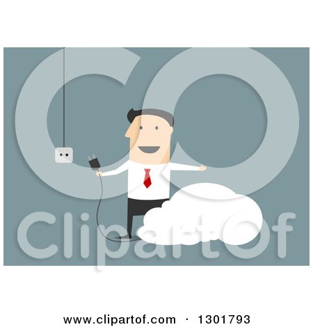 Clipart of a Flat Modern White Businessman Plugging in to the Cloud, over Blue - Royalty Free Vector Illustration by Vector Tradition SM