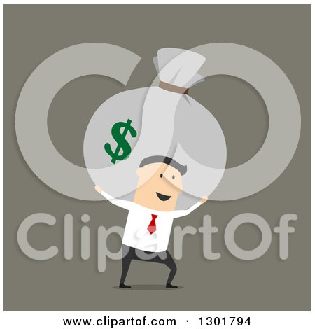 Clipart of a Flat Modern White Businessman Carrying a Money Sack, over Green - Royalty Free Vector Illustration by Vector Tradition SM