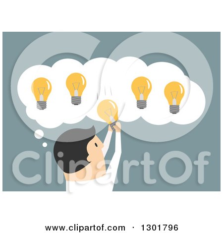 Clipart of a Flat Modern Creative White Businessman Picking a Light Bulb from a Thought Balloon, over Blue - Royalty Free Vector Illustration by Vector Tradition SM