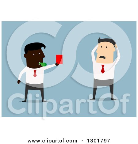 Clipart of a Flat Modern Black Businessman Firing a White Employee and Giving Him a Red Slip, over Blue - Royalty Free Vector Illustration by Vector Tradition SM