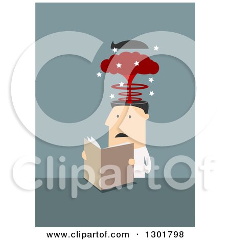 Clipart of a Flat Modern White Overworked Businessman Reading a Book, over Blue - Royalty Free Vector Illustration by Vector Tradition SM