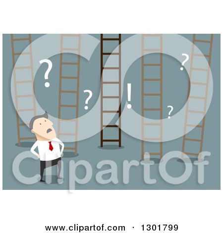 Clipart of a Flat Modern White Businessman Trying to Choose a Ladder, over Blue - Royalty Free Vector Illustration by Vector Tradition SM