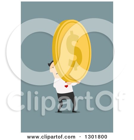 Clipart of a Flat Modern White Businessman Holding a Giant Gold Coin, over Blue - Royalty Free Vector Illustration by Vector Tradition SM