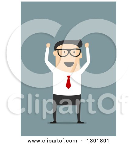 Clipart of a Flat Modern Bespectacled White Businessman Cheering, over Blue - Royalty Free Vector Illustration by Vector Tradition SM