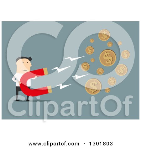 Clipart of a Flat Modern White Businessman Attracting Money with a Magnet, over Blue - Royalty Free Vector Illustration by Vector Tradition SM