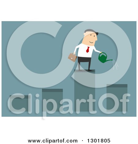 Clipart of a Flat Modern White Businessman Investor Watering a Bar Graph, over Blue - Royalty Free Vector Illustration by Vector Tradition SM
