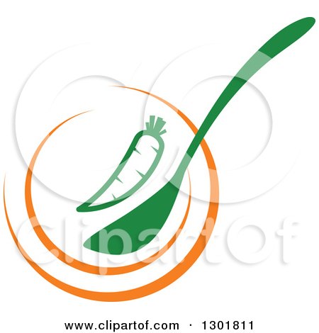 Clipart of a Green Carrot and Spoon over an Orange Plate Vegetarian Food Design - Royalty Free Vector Illustration by Vector Tradition SM