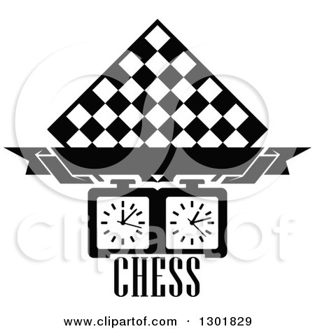 Clipart of a Black and White Chess Board Diamond, Blank Banner, Timer and Text - Royalty Free Vector Illustration by Vector Tradition SM