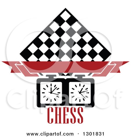 Clipart of a Chess Board Diamond, Blank Red Banner, Timer and Text - Royalty Free Vector Illustration by Vector Tradition SM