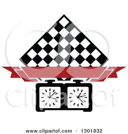 Clipart of a Chess Board Diamond, Blank Red Banner and Timer - Royalty Free Vector Illustration by Vector Tradition SM