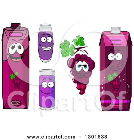 Clipart of a Happy Bunch of Purple Grapes Character, Juice Glasses and Cartons - Royalty Free Vector Illustration by Vector Tradition SM