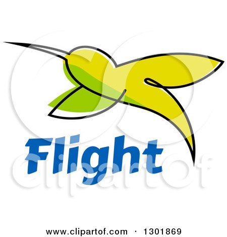 Clipart of a Sketched Green Hummingbird over Blue Flight Text - Royalty Free Vector Illustration by Vector Tradition SM
