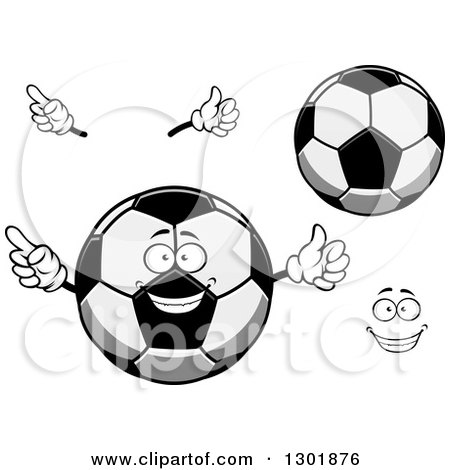 Clipart of a Cartoon Grayscale Happy Face, Hands and Soccer Balls - Royalty Free Vector Illustration by Vector Tradition SM