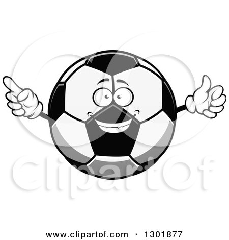Clipart of a Cartoon Grayscale Happy Soccer Ball Character Pointing and Giving a Thumb up - Royalty Free Vector Illustration by Vector Tradition SM