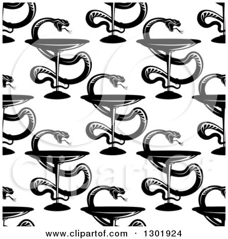 Clipart of a Seamless Pattern Background of Black and White Snakes and Medical Goblet Caduceuses - Royalty Free Vector Illustration by Vector Tradition SM