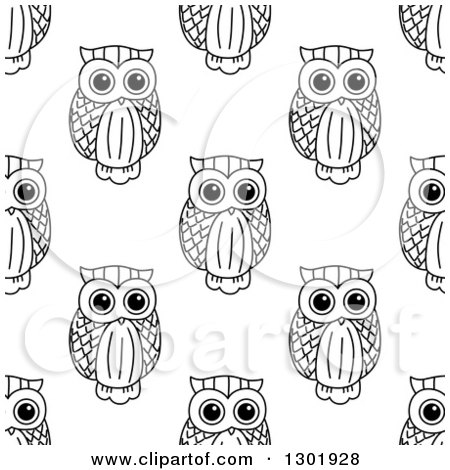 Clipart of a Seamless Background Pattern of Black and White Sketched Owls 2 - Royalty Free Vector Illustration by Vector Tradition SM