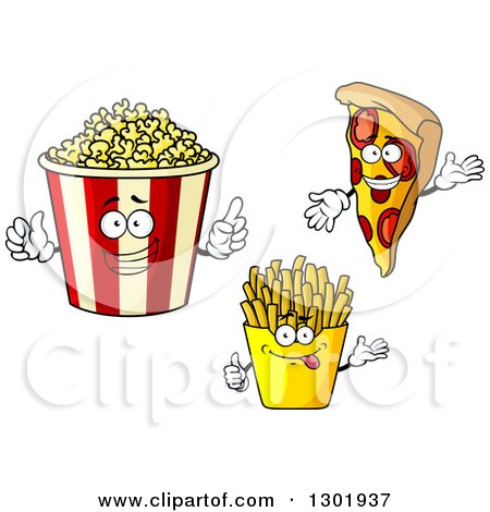 Clipart of Cartoon Popcorn Bucket, French Fry and Pizza Characters - Royalty Free Vector Illustration by Vector Tradition SM