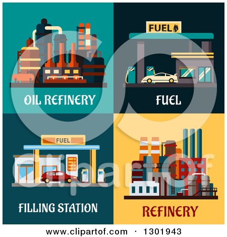 Clipart of Flat Modern Designs of Gas Stations and Oil Refineries - Royalty Free Vector Illustration by Vector Tradition SM