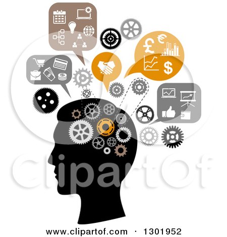 Clipart of a Silhouetted Man's Head Thinking of Finance and Business - Royalty Free Vector Illustration by Vector Tradition SM
