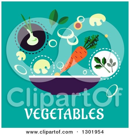 Clipart of a Flat Modern Design of a Bowl and Veggie Ingredients over Text on Turquoise - Royalty Free Vector Illustration by Vector Tradition SM