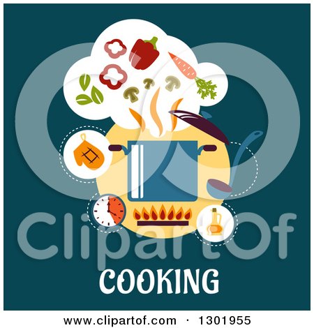 Clipart of a Flat Modern Design of a Pot and Ingredients over Text on Teal - Royalty Free Vector Illustration by Vector Tradition SM