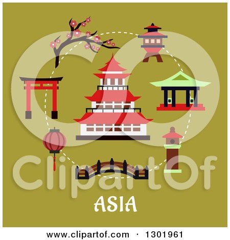 Clipart of a Flat Modern Design of a Japanese Pagoda and Items with Text on Green - Royalty Free Vector Illustration by Vector Tradition SM