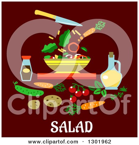 Clipart of a Flat Modern Design of a Bowl and Salad Ingredients over Text on Maroon - Royalty Free Vector Illustration by Vector Tradition SM