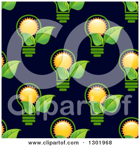 Clipart of a Seamless Pattern Background of Lightbulbs with Suns and Green Leaves on Navy Blue - Royalty Free Vector Illustration by Vector Tradition SM