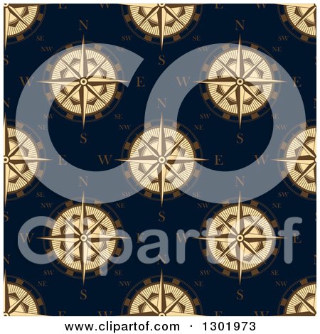 Clipart of a Seamless Pattern Background of Beige Compass Roses on Navy Blue - Royalty Free Vector Illustration by Vector Tradition SM