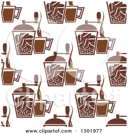 Clipart of a Seamless Pattern Background of Brown Coffee Grinders and Cups - Royalty Free Vector Illustration by Vector Tradition SM