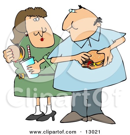 Chubby Couple Eating Cheeseburgers Together Clipart Illustration by djart