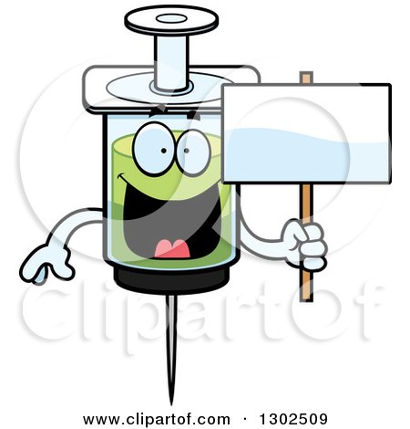 Clipart of a Cartoon Happy Vaccine Syringe Character Holding a Blank Sign - Royalty Free Vector Illustration by Cory Thoman