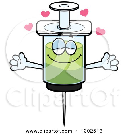 Clipart of a Cartoon Loving Vaccine Syringe Character with Open Arms and Hearts - Royalty Free Vector Illustration by Cory Thoman