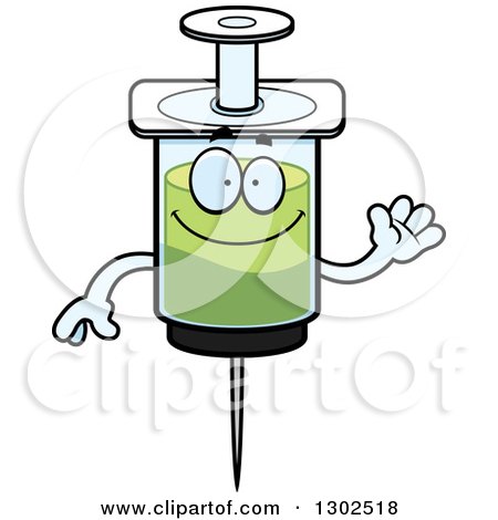 Clipart of a Cartoon Friendly Happy Vaccine Syringe Character Waving - Royalty Free Vector Illustration by Cory Thoman