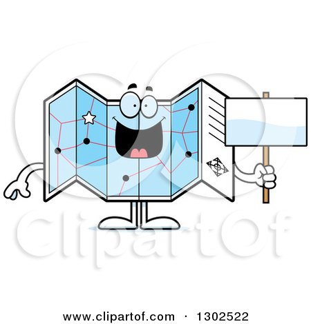 Clipart of a Cartoon Happy Road Map Atlas Character Holding a Blank Sign - Royalty Free Vector Illustration by Cory Thoman