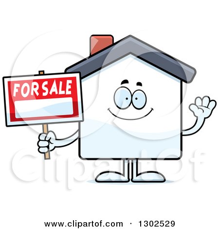 Clipart of a Cartoon Happy Friendly for Sale House Waving - Royalty Free Vector Illustration by Cory Thoman