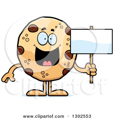 Clipart of a Cartoon Happy Chocolate Chip Cookie Character Holding a Blank Sign - Royalty Free Vector Illustration by Cory Thoman
