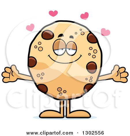 Clipart of a Cartoon Loving Chocolate Chip Cookie Character with Open Arms and Hearts - Royalty Free Vector Illustration by Cory Thoman