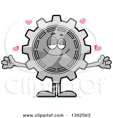 Clipart of a Cartoon Loving Gear Cog Wheel Character with Open Arms and Hearts - Royalty Free Vector Illustration by Cory Thoman