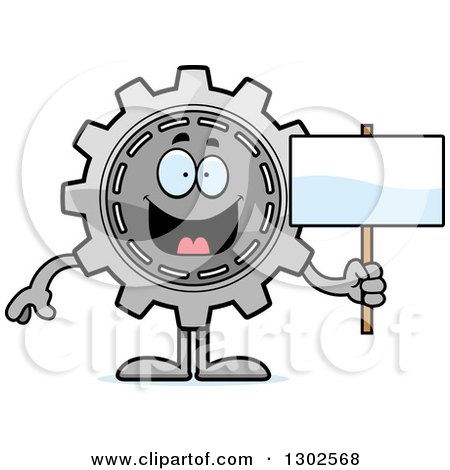 Clipart of a Cartoon Happy Gear Cog Wheel Character Holding a Blank Sign - Royalty Free Vector Illustration by Cory Thoman
