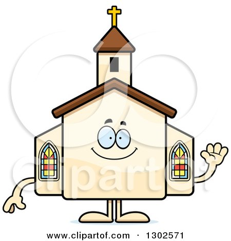 Clipart of a Cartoon Happy Friendly Church Building Character Waving - Royalty Free Vector Illustration by Cory Thoman