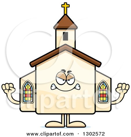 Clipart of a Cartoon Mad Church Building Character Holding up Fists - Royalty Free Vector Illustration by Cory Thoman