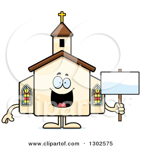 Clipart of a Cartoon Happy Church Building Character Holding a Blank Sign - Royalty Free Vector Illustration by Cory Thoman